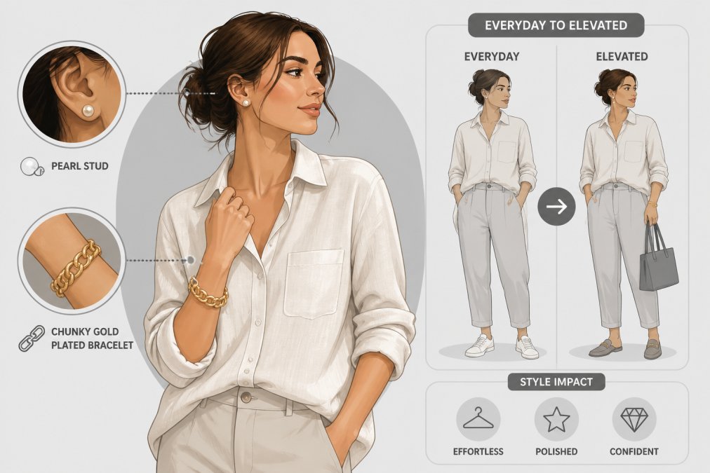 Woman wearing a chunky gold-plated statement bracelet and pearl stud earrings paired with a casual cream linen shirt, standing in soft natural light, showing how statement pieces elevate everyday outfits