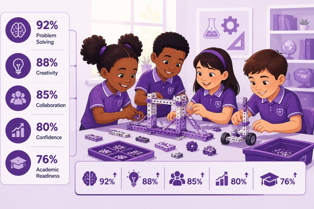 Young primary school children gathered around a table working together on a colourful building and engineering activity, bright classroom setting with natural window light, children smiling and fully engaged with their hands on the materials