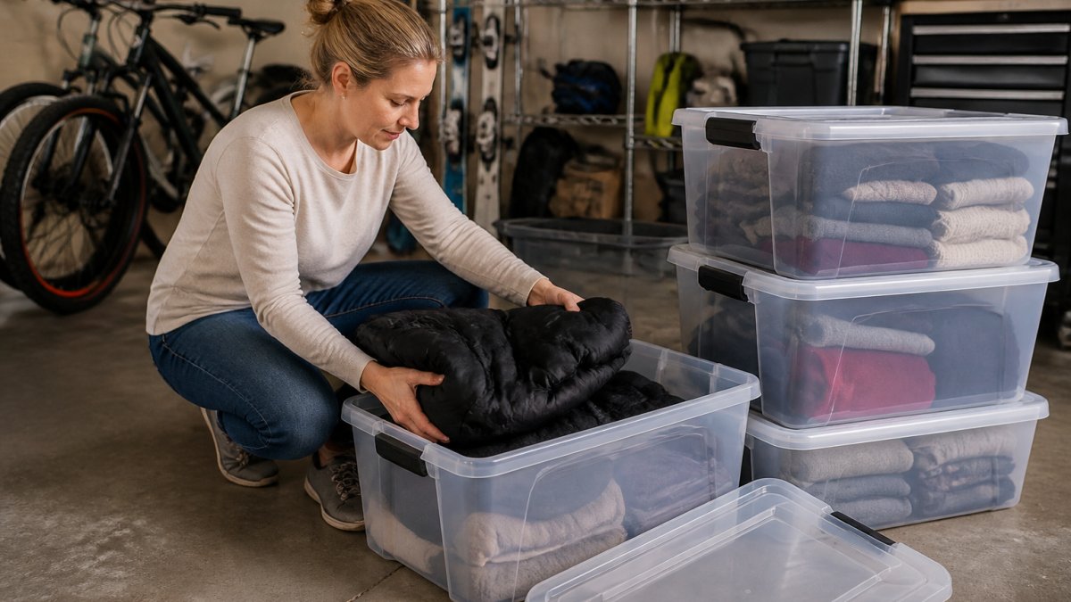 A person in a garage folding a clean winter coat and placing it into a clear plastic tote with a labeled lid, other packed totes stacked nearby