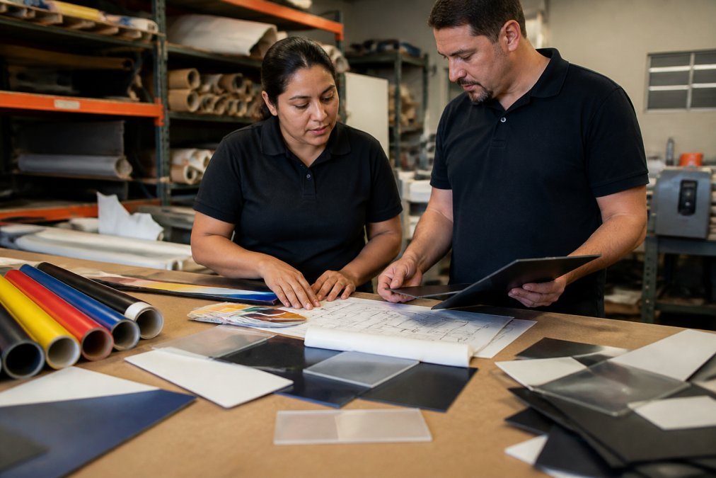 A small business owner and a signage fabricator reviewing material samples and a sign design sketch on a worktable in a fabrication shop, with vinyl rolls and acrylic panels visible in the background