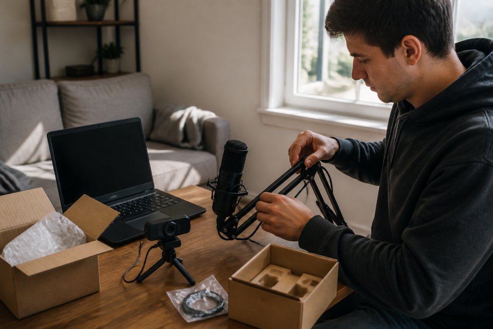 Beginner's streaming desk with laptop, USB microphone on adjustable boom arm, and compact webcam mounted on small tripod, natural window lighting on one side