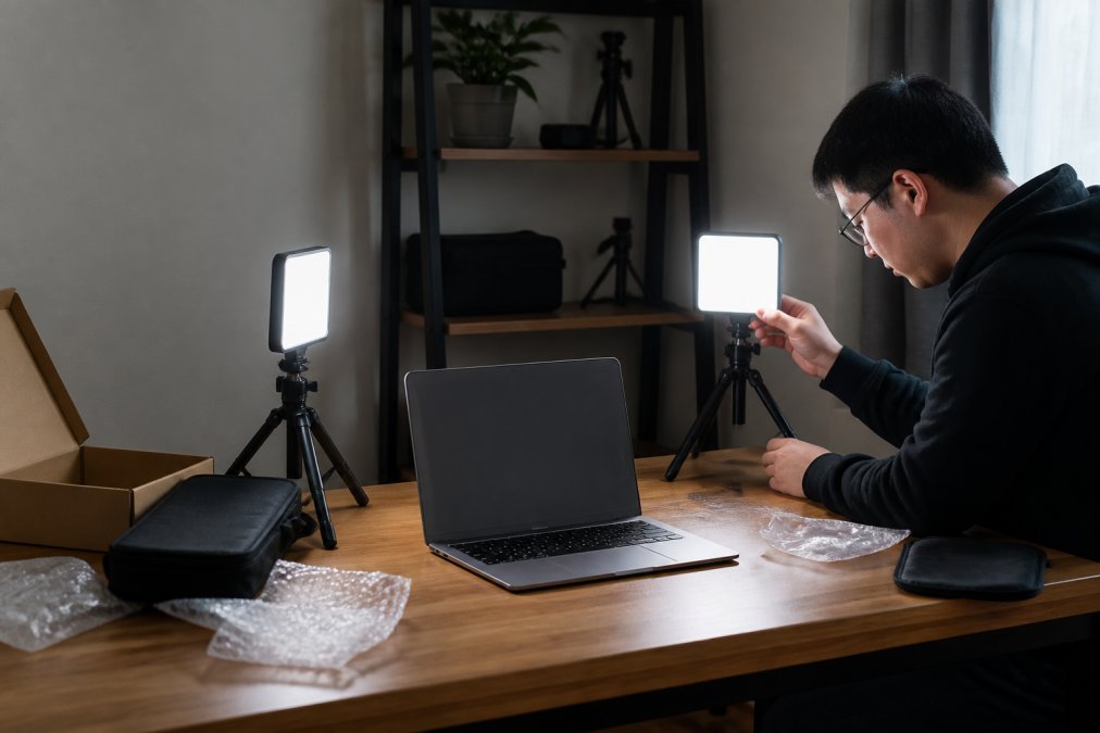Compact desk with two adjustable LED panel lights on mini tripods positioned on either side of laptop, creating even key lighting without harsh shadows
