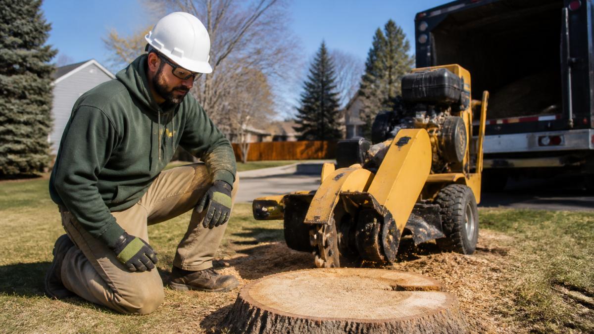 Certified arborist performing stump removal on a residential lawn in Denver