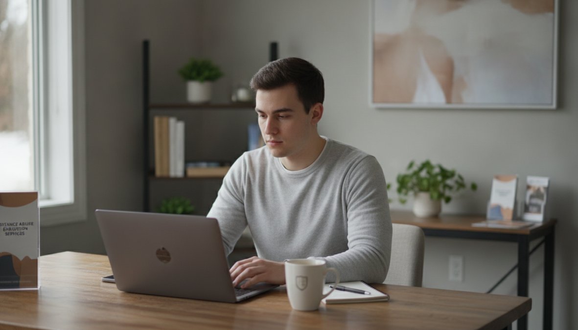 Licensed counselor conducting a confidential telehealth substance abuse assessment with a client on a laptop in a private, well-lit home office setting