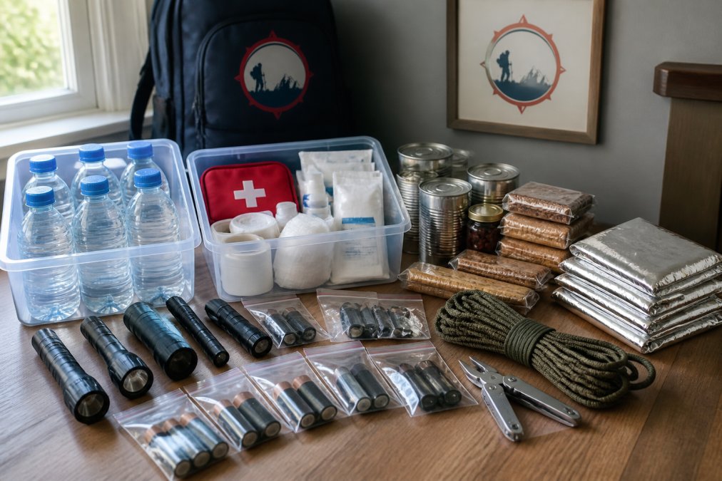 Well-organized home emergency kit laid out on a wooden table showing clear plastic containers with water bottles, first aid supplies in labeled boxes, multiple flashlights with batteries organized in ziplock bags, canned goods and energy bars stacked neatly, coiled paracord, multi-tool, and rolled thermal blankets, natural daylight from window