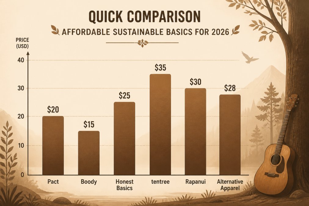 Bar chart comparing starting prices of six affordable sustainable basics brands: Pact $20, Boody $15, Honest Basics $25, tentree $35, Rapanui $30, Alternative Apparel $28