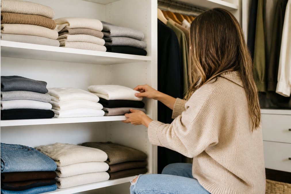 Person organizing a minimal closet with folded neutral-toned basics, graphic tees, and layering pieces arranged neatly on shelves, showing versatile wardrobe essentials