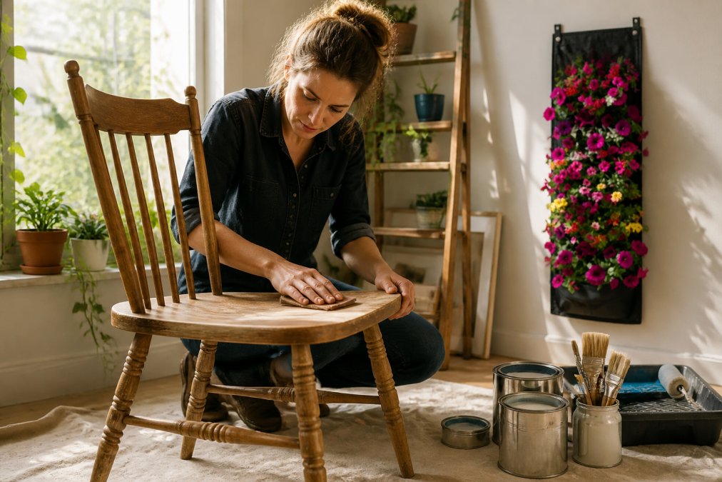 Hands carefully sanding a wooden chair seat in natural sunlight streaming through a studio window, with paint cans and brushes arranged on a drop cloth beside the work