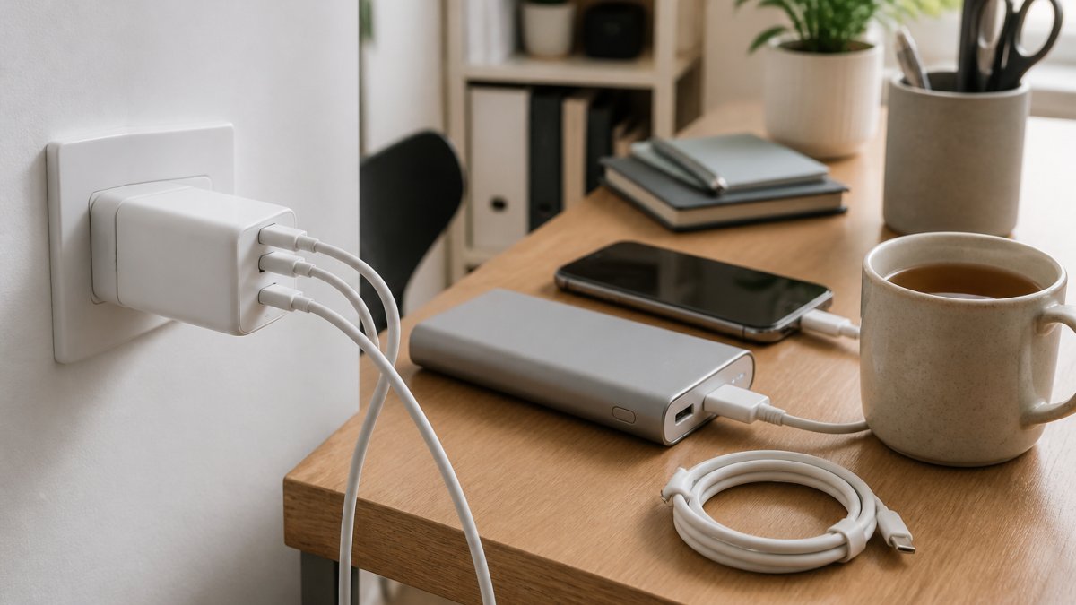 A desk edge in a bright home office with a compact multi-port wall charger plugged in, a power bank lying flat beside a phone, and a USB-C cable coiled neatly next to a mug of tea