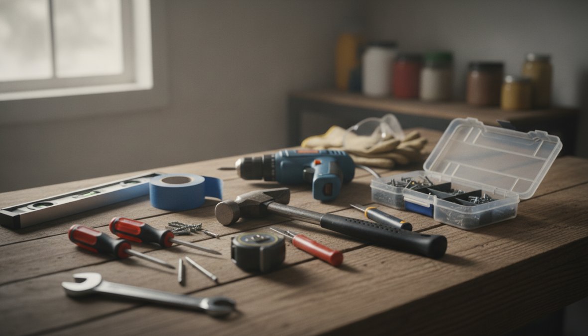 Flat lay of essential hand tools including hammer, screwdrivers, pliers, tape measure, level, and adjustable wrench arranged neatly on a wooden workbench with natural morning light