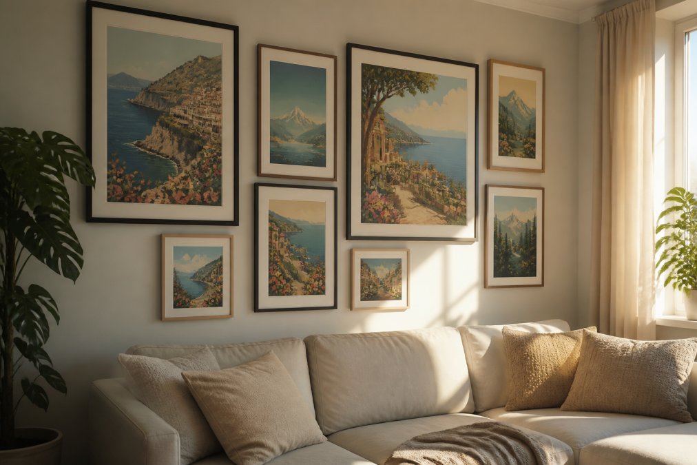 A well-styled living room wall featuring an arrangement of framed travel posters in black and oak frames, mixed sizes, displayed above a light-coloured sofa with neutral cushions, warm afternoon light from a nearby window