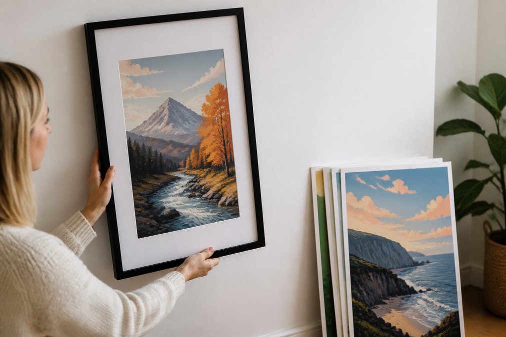 Close-up of a framed travel poster being held against a white wall, showing a black frame with a white mount, with additional unframed prints leaning against the wall nearby in a bright, tidy room