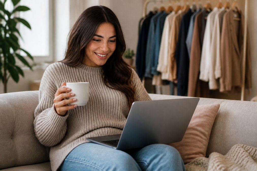 Woman browsing clothing on a laptop while sitting at home with a cup of coffee, smiling at fashion options on screen