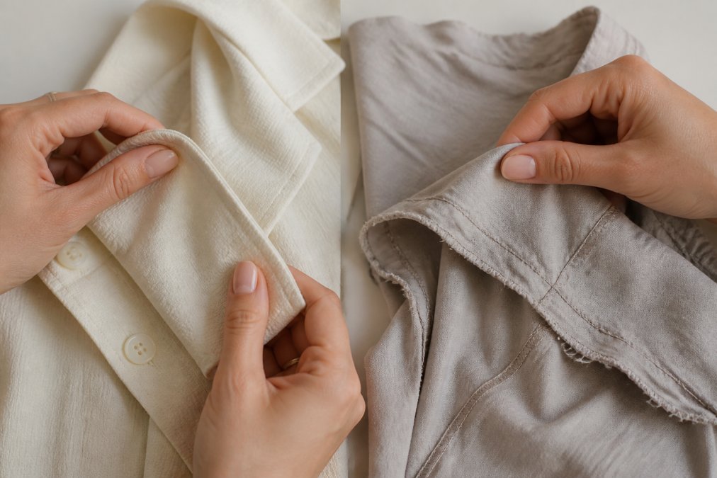 Close-up of hands examining fabric texture and stitching details of a trendy garment in natural daylight