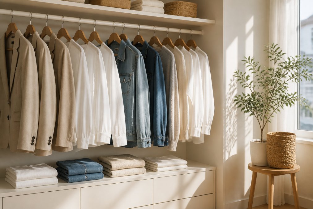 A neatly organized closet featuring a curated selection of versatile clothing items like neutral-toned blazers, denim jeans, and classic white tops on wooden hangers, soft natural light streaming in