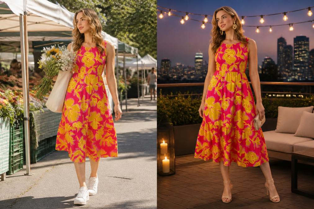 Two scenes of the same woman in a sleeveless summer dress: left side styled casually with white sneakers and a canvas tote bag in a sunlit outdoor market, right side styled with strappy heeled sandals and gold statement earrings at an evening rooftop setting with string lights