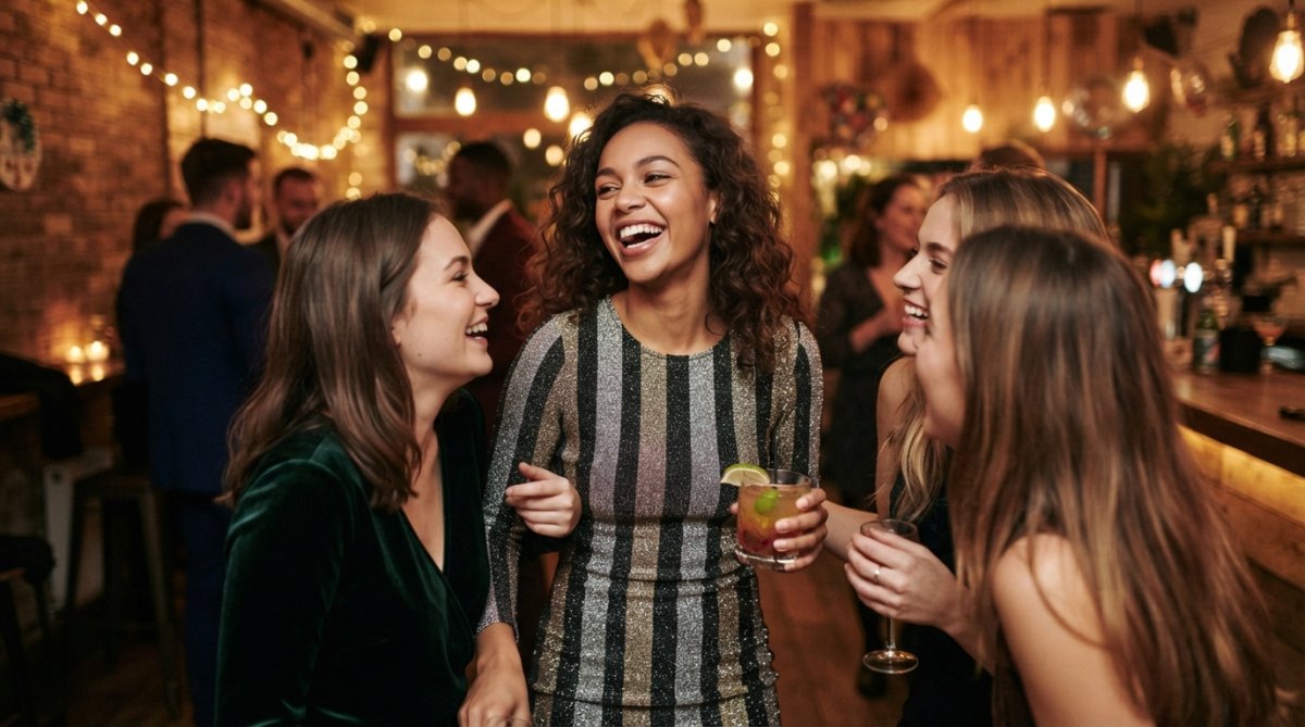 A young woman in a sparkling glitter-stripe mini dress laughing with friends at a lively evening party, warm string lights and bokeh in the background, holding a cocktail