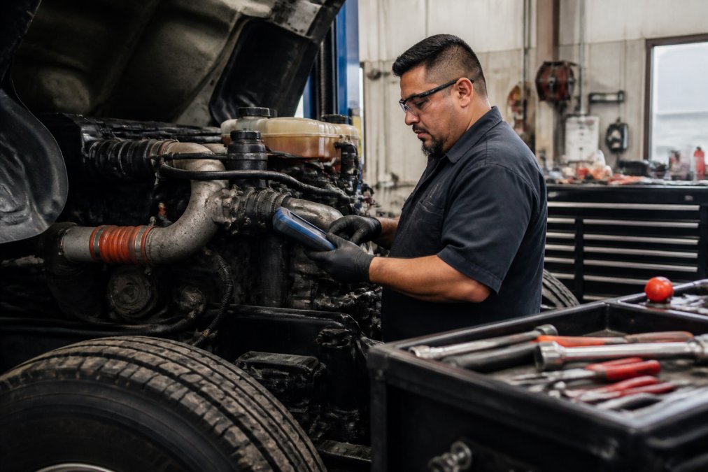 Certified diesel mechanic using advanced diagnostic scanner on truck engine in well-lit professional repair bay with organized tooling