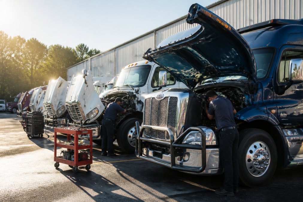 Multiple commercial trucks lined up in service facility yard with technicians performing scheduled maintenance checks under bright morning sunlight