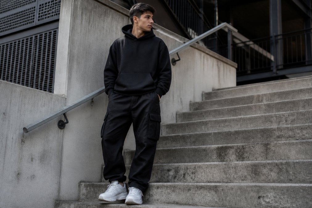 A young man in his twenties wearing a black oversized hoodie, loose cargo trousers and clean trainers, standing on a concrete stairwell in an urban setting, shot in natural daylight with a relaxed casual pose