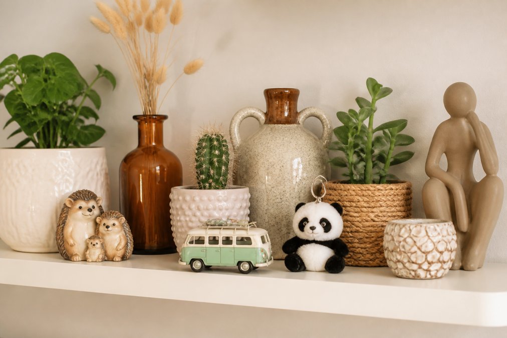 A styled home shelf displaying a mix of ceramic face planters in soft pink and matte black, vintage ceramic vases, small potted plants including trailing greenery, textured ceramic bowls, and quirky hedgehog ornaments arranged against a warm cream wall with natural window light casting soft shadows