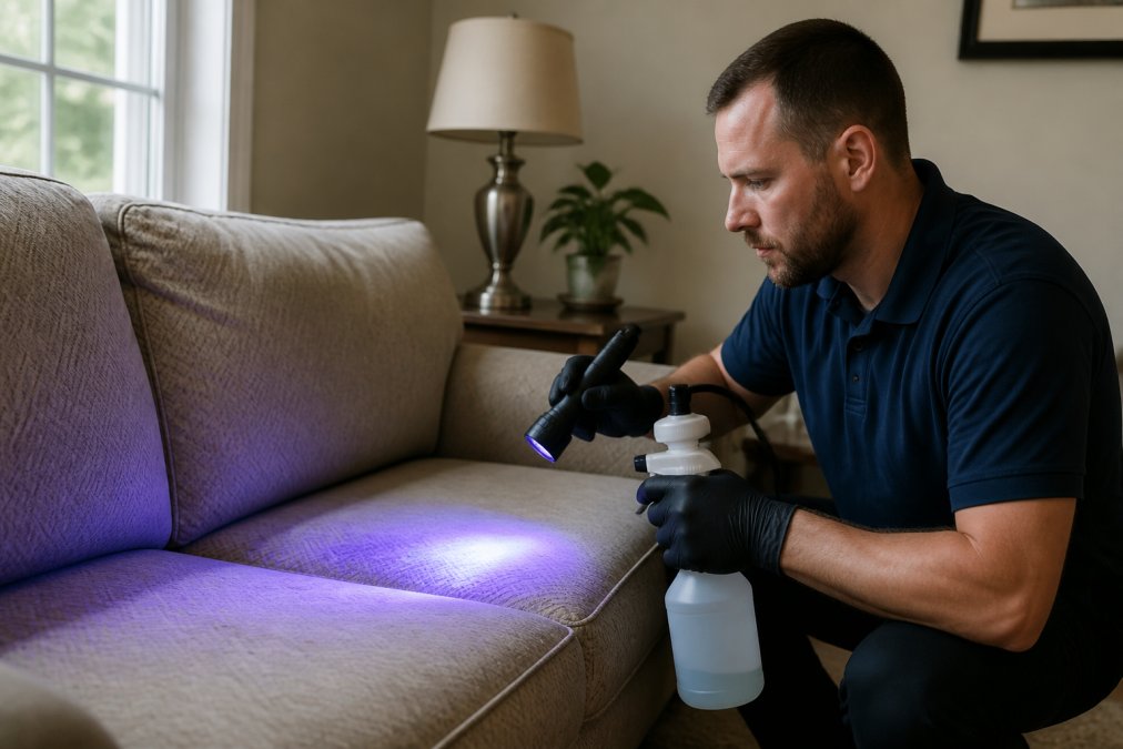 Professional demonstrating pet urine treatment technique on upholstered sofa with blacklight inspection revealing hidden deposits, showing bio-enzymatic formula application in residential living room with natural daylight