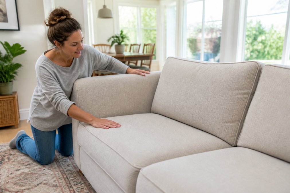 Homeowner inspecting freshly cleaned upholstered sofa in bright living room, showing transformation of stained furniture to pristine condition with natural daylight streaming through windows