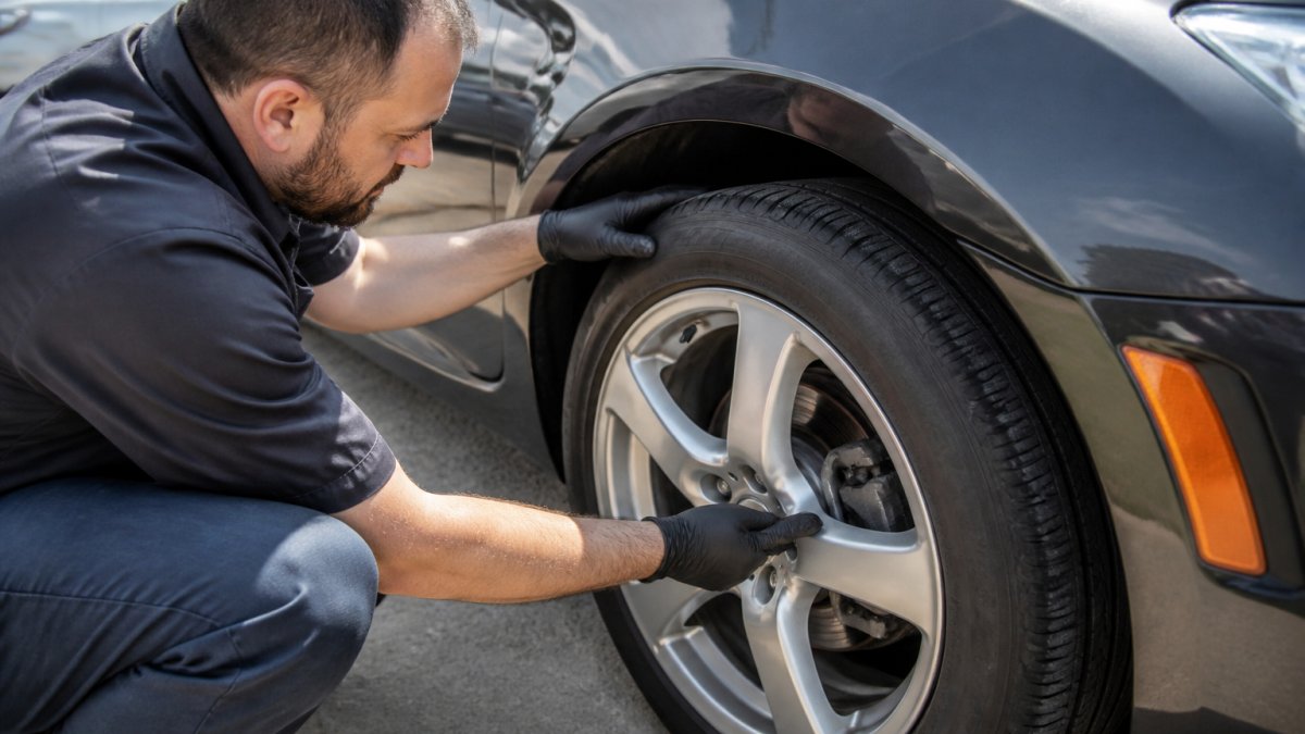 Mechanic inspecting the tires and brakes of affordable used cars to ensure safety and quality.