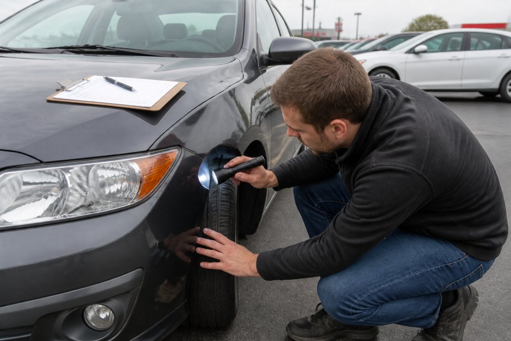Buyer inspecting tires on one of the used cars Columbus dealerships offer
