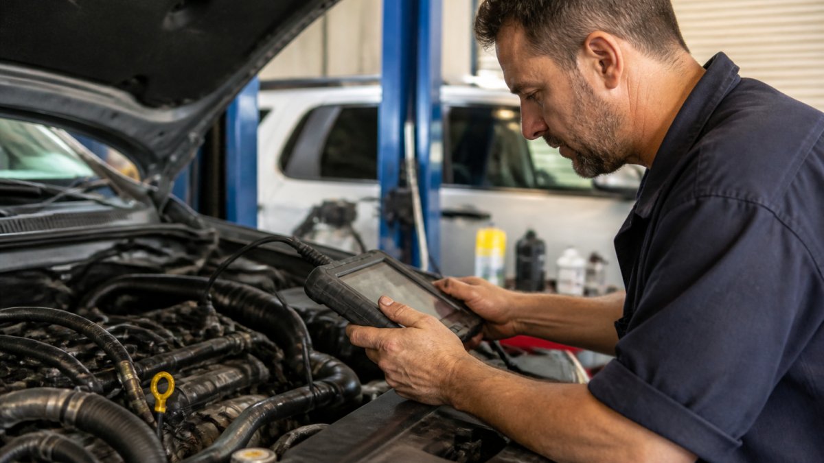 Professional mechanic using modern diagnostic equipment on a vehicle engine in a well-lit workshop, hands steady on scanner display