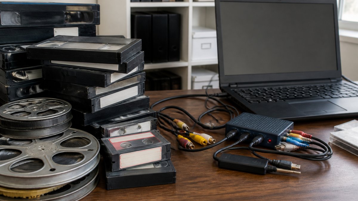 Close-up of weathered VHS tapes and film reels stacked beside a modern computer setup with digitisation equipment and cables, natural office lighting