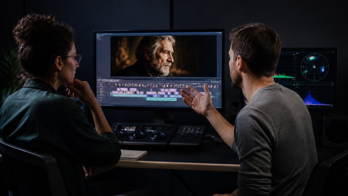 Filmmaker and editor reviewing a rough cut on monitors to ensure affordable video editing quality.