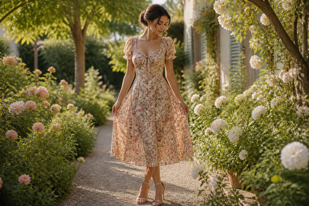 A woman wearing a vintage-inspired floral print midi dress with delicate ties, standing in a sunlit garden setting, soft romantic lighting, full body shot showing the silhouette and fabric drape