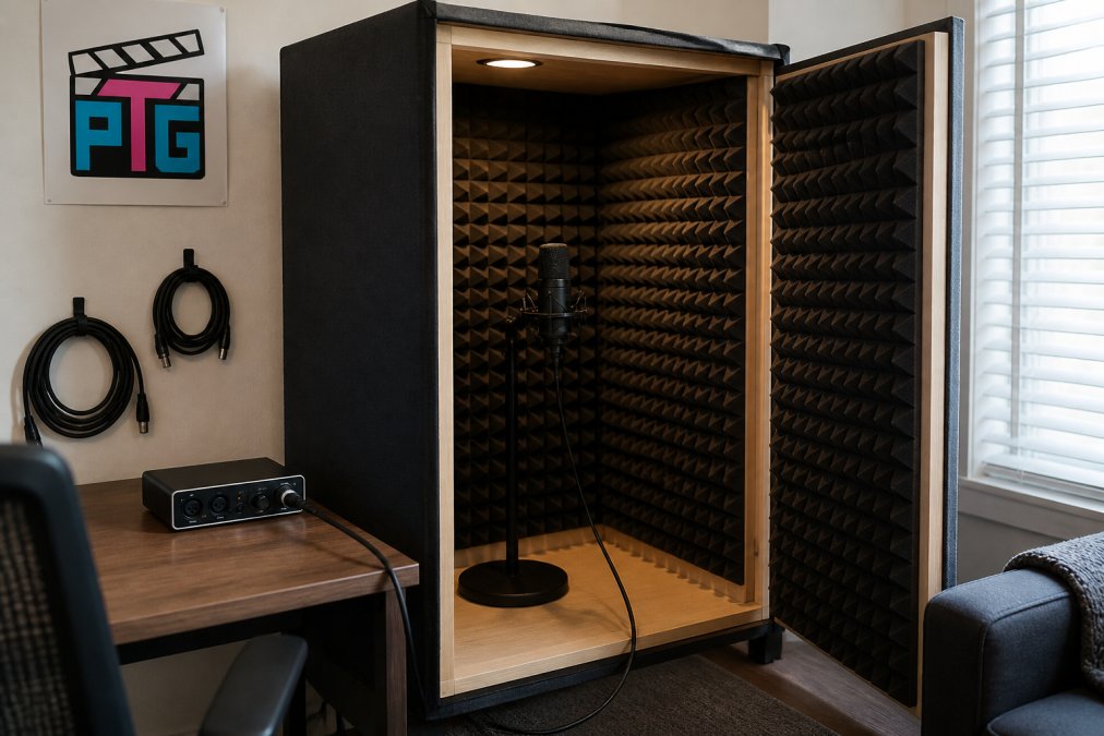 Compact DIY vocal booth set up in a home studio corner with acoustic foam panels mounted on interior walls, a cardioid microphone on a desk stand positioned inside the booth, visible XLR cables running to an audio interface on a nearby desk, and organized cable management along the wall