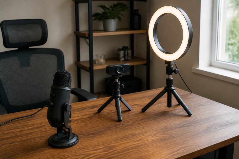 Compact streaming desk setup with affordable USB microphone, basic ring light, and webcam positioned for optimal framing on a wooden desk with monitor visible