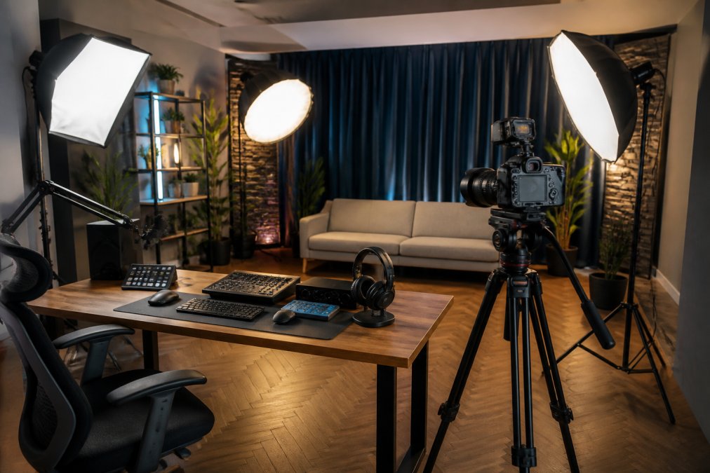 Professional streaming studio with multiple key lights, mirrorless camera on tripod, audio interface, and monitor setup in modern room with controlled lighting