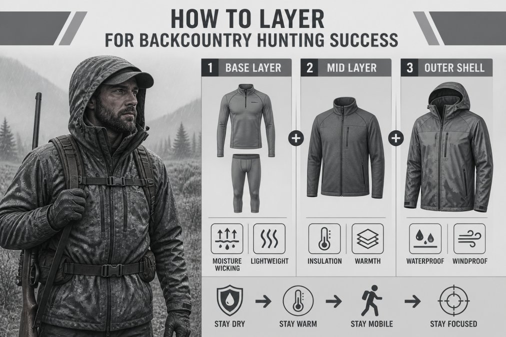 Hunter wearing multiple waterproof layers in field conditions, showing base layer, mid-layer, and outer shell jacket in use during a wet hunt in misty morning light with rain-soaked brush in background