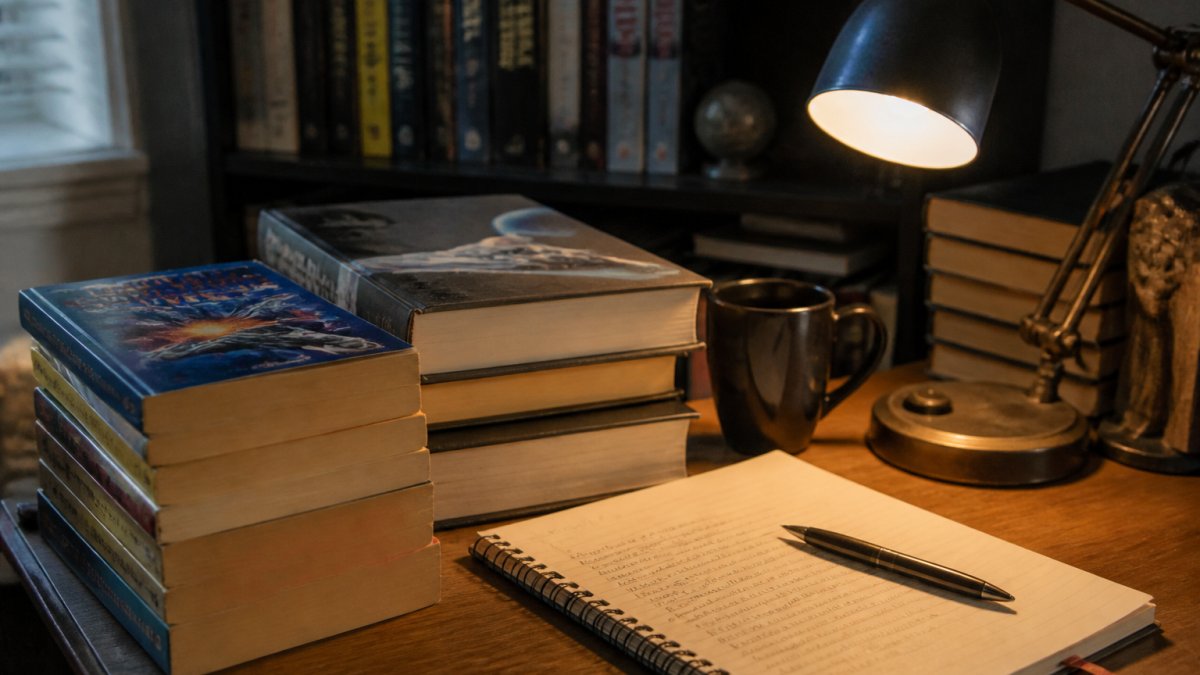 A reader's desk with a stack of science fiction paperbacks and hardcovers of varying ages, a notebook with handwritten reading notes, and a warm desk lamp creating a cozy reading environment