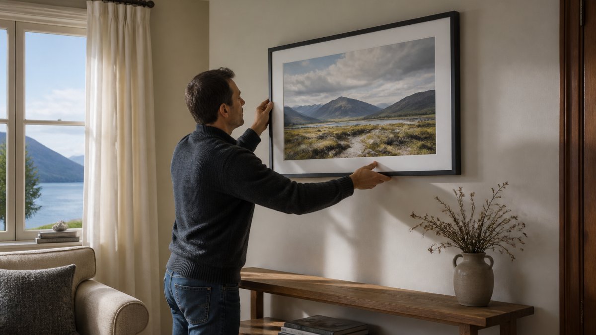 Person carefully hanging a framed Highland landscape print on a sunlit living room wall