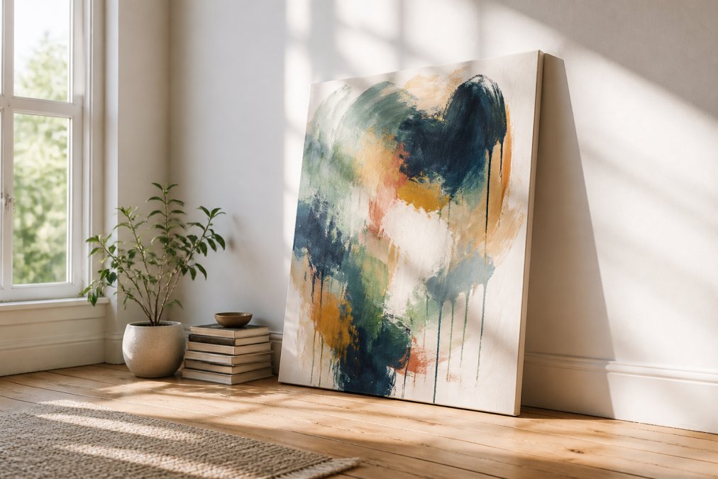 Large abstract canvas leaning against a white wall to display abstract art in a sunlit minimalist living room corner.