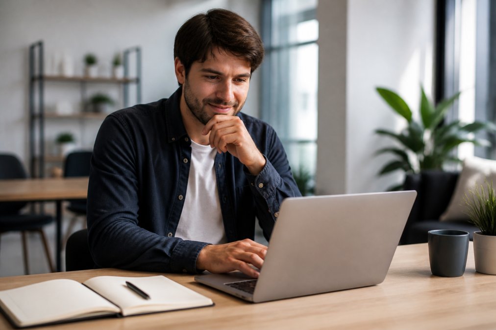 A startup founder reviewing a modern website interface on a laptop in a bright, minimalist office with a notebook and coffee nearby