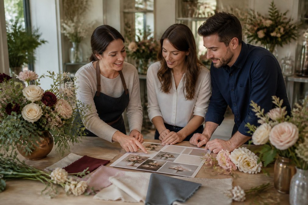 A florist and a couple reviewing a wedding floral mood board with fabric swatches and flower samples on a table in a bright boutique studio