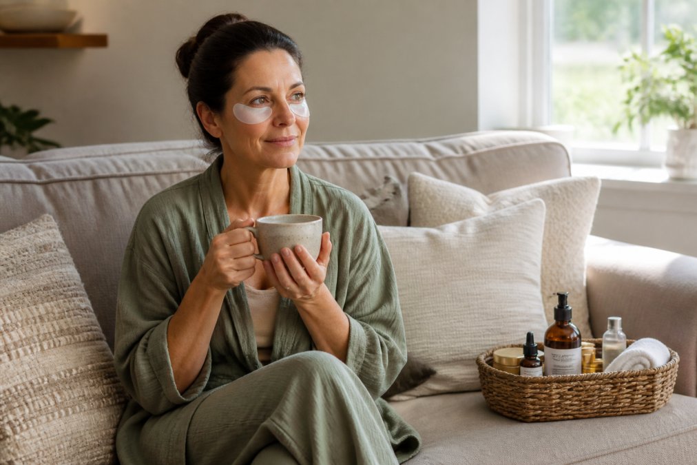 A woman relaxing on a couch with under-eye patches and a basket of affordable wellness products while holding tea.