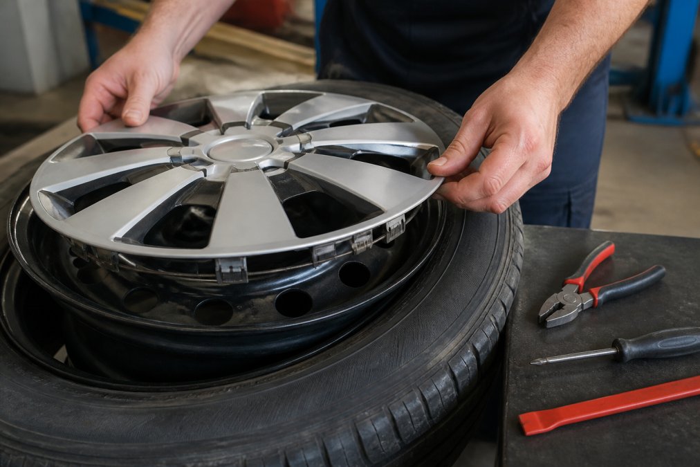 Professional demonstrating hands aligning a wheel skin onto a steel rim, showing snap-in clips engaging with the rim edge, with installation tools visible on a clean work surface