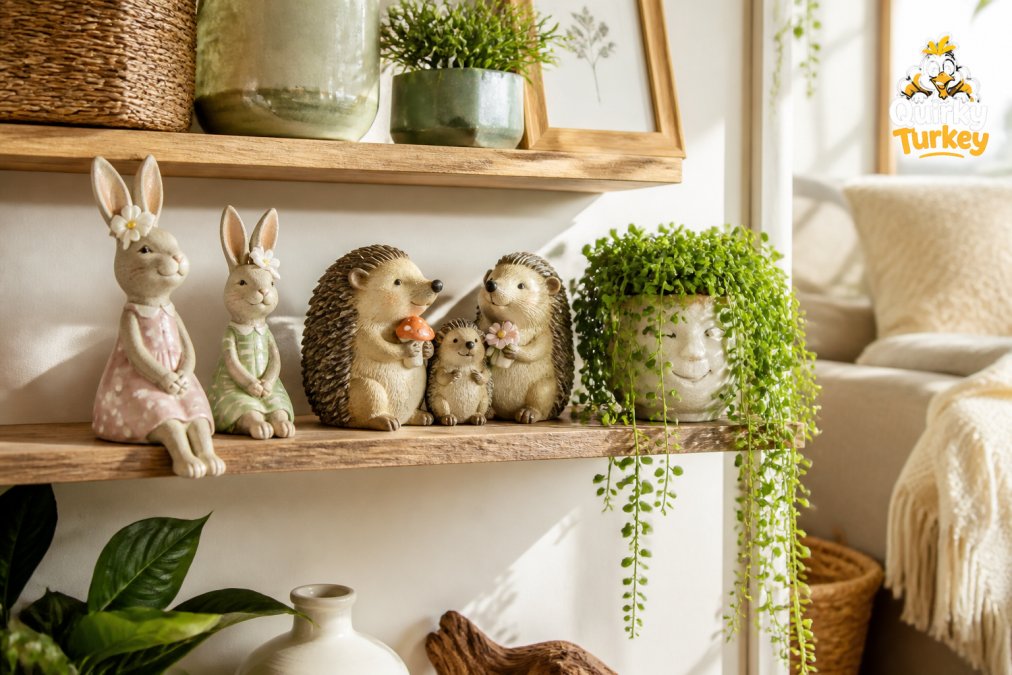 Sunlit shelf featuring whimsical home decor, including pastel bunny figurines, hedgehog ornaments, and a character planter.