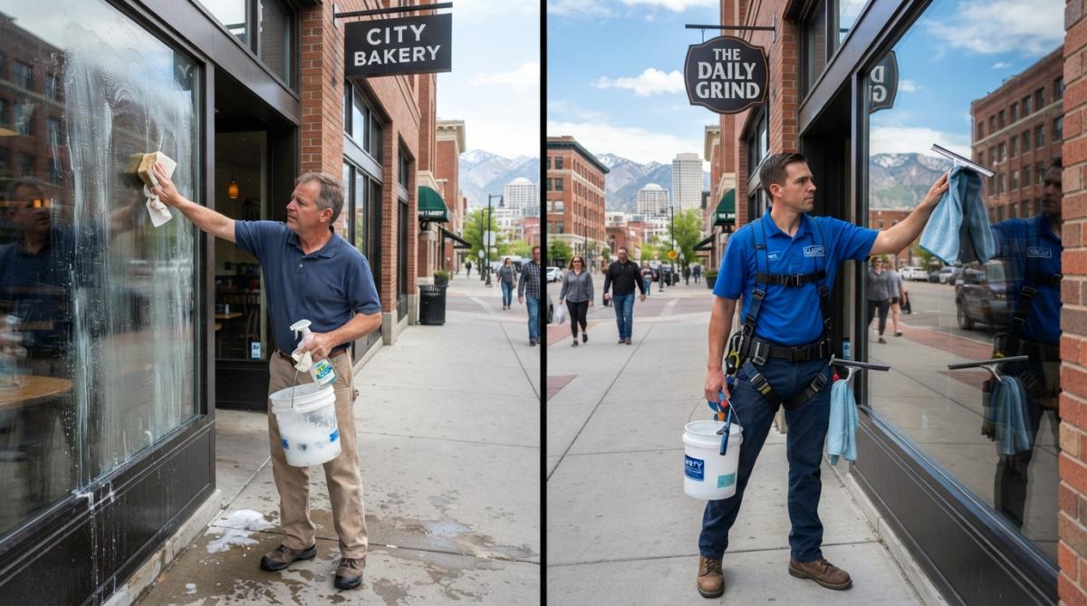 Professional using a squeegee for window cleaning small retail storefronts to ensure a streak-free finish