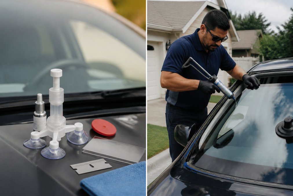 Close-up of a technician in a branded uniform carefully installing a new windshield on a vehicle in a residential driveway, with professional tools and adhesive gun visible in natural daylight