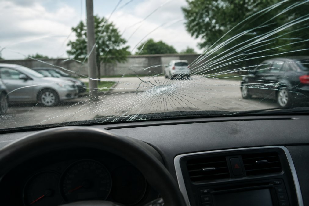 Close-up of a severely cracked windshield from the driver's perspective, showing a large stress crack spreading across the glass in multiple directions across the driver's line of sight, interior of a parked vehicle visible