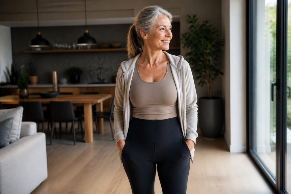 Woman over 50 wearing stylish workout clothes for women over 50 in a bright, modern living room setting.