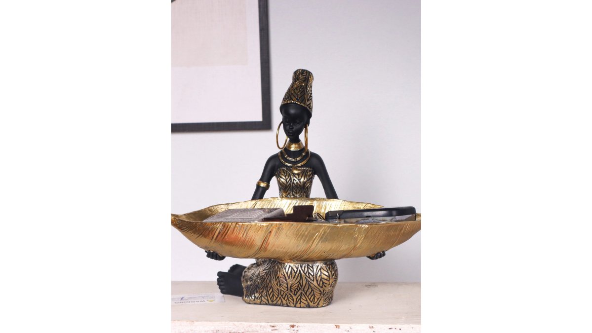 African Girl Holding a Plate Sculpture, Home and Office Decorative Storage Ornament, Vintage Collectible Craft Deskt Decor